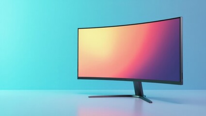 Leinwandbilder - Ultrawide. Digital solitude exists. Isolated background, copyspace.. Lone computer screen sits atop blue surface, evoking feelings of digital isolation and quiet contemplation.