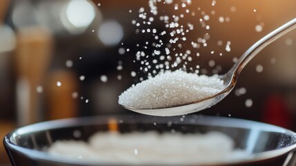 Fototapete - A close-up of tiny white MSG granules falling from a spoon into a bowl, with a blurred background of a kitchen setting.