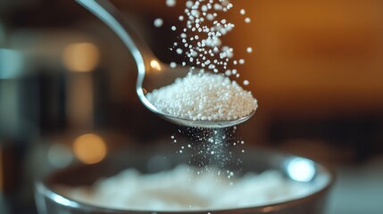 Fototapete - A close-up of tiny white MSG granules falling from a spoon into a bowl, with a blurred background of a kitchen setting.