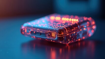 Leinwandbilder - Undetectable AI. Hidden digital power. Trend product close-up. Smartphone emits red lights on darkened table, symbolizing hidden, powerful technology and unseen forces at work.