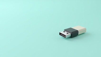 Poster - UsbA. Connected digital world. Isolated background, copyspace.. Lone USB cable connects tiny device to serene blue surface, bridging digital and physical worlds.