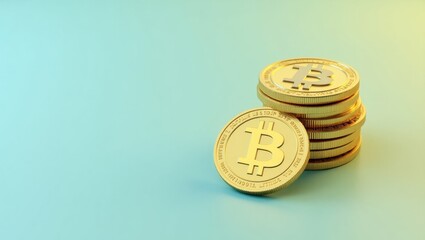 Poster - Usdh. Stacked Golden Wealth. Isolated background, copyspace.. Stack of golden bitcoins symbolizes isolated wealth and financial security amidst empty space.