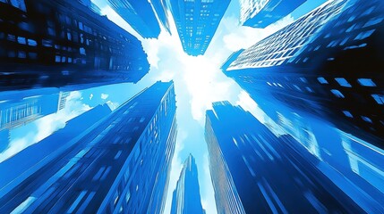 Poster - Futuristic blue cityscape perspective view upwards towards the bright sky in digital abstract building background construction urban design