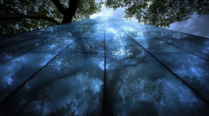 Poster - Abstract perspective of a modern glass building reflecting sky and foliage creating dreamy celestial or underwater ambiance in twilight tones