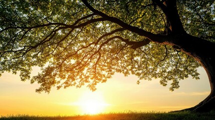 Poster - A large tree silhouetted against a beautiful setting sun