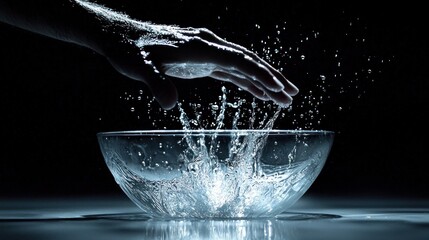 Poster - A Hand Reaches Towards A Glass Bowl Of Splashing Water