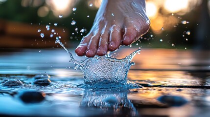 Poster - Bare foot creates a water splash on a wooden deck surface