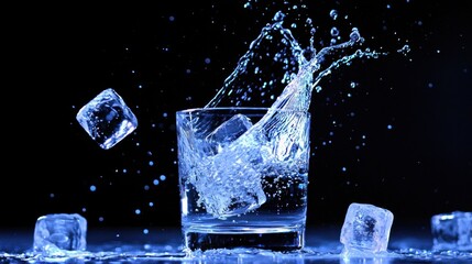 Poster - Clear water splashes as ice cubes are dropped into a glass