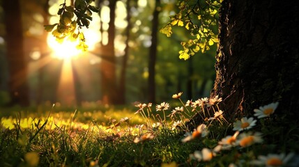 Poster - Sunlight filters through forest trees illuminating flowers and grassy ground