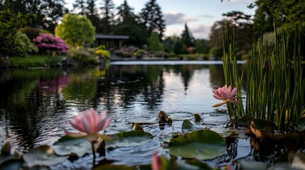 Aufkleber - Pink water lilies bloom on a tranquil pond in a garden