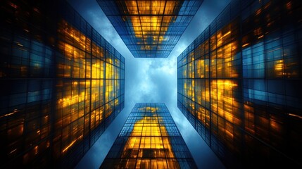 Poster - Urban canopy gazing up at abstract architecture with captivating interplay of golden light and blue hour twilight urban design
