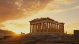 Stunning sunset view of the parthenon on the acropolis in athens, greece, with vibrant sky colors.