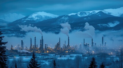 Poster - Overview of refinery processing units and vapor towers framed by mountain backdrop