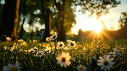 Aufkleber - A sunlit field of daisies glows gently in the sunlight
