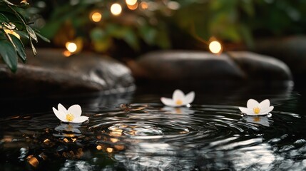 Poster - White flowers float gently on a dark reflecting water surface