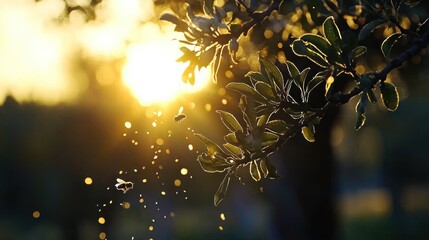 Poster - Sunshine Illuminates Leaves While Insects Fly Nearby In Nature