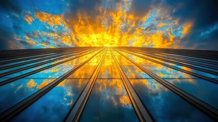 Aufkleber - futuristic cityscape reflection with vibrant sunset architecture mirroring urban expansion and techn