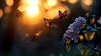 Poster - Four beautiful butterflies are flying near flowering purple blossoms in sunlight