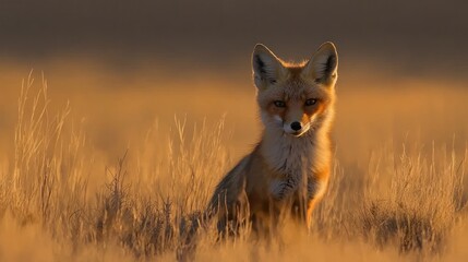 Poster - A Red Fox Sits Alertly Amongst Tall Golden Grass