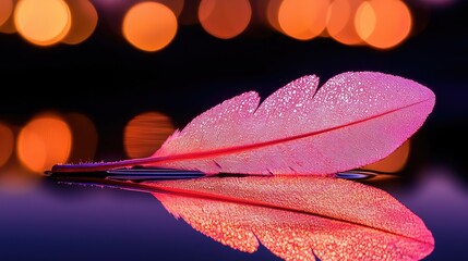 Poster - A wet pink feather is reflecting on a dark surface