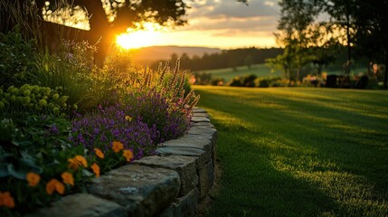 Aufkleber - A beautiful garden blooms with sunlight and vibrant green grass