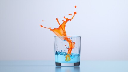 Poster - Orange splash and blue liquid in a transparent glass cup