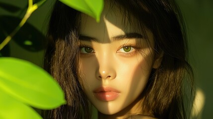 Poster - A beautiful woman with green eyes framed by leafy green foliage