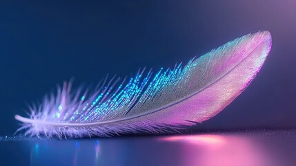 Poster - A colorful single feather gracefully resting on a reflective surface