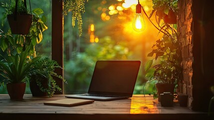 Poster - A laptop sits on a wooden desk surrounded by plants and light
