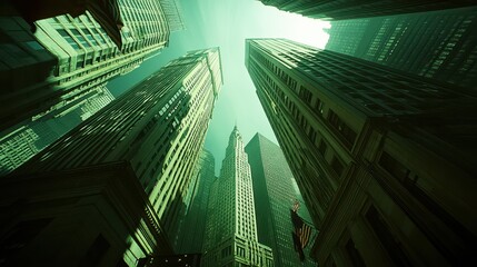 Poster - Abstract urban landscape depicting towering skyscrapers reaching towards the sky in a futuristic cityscape with green tones