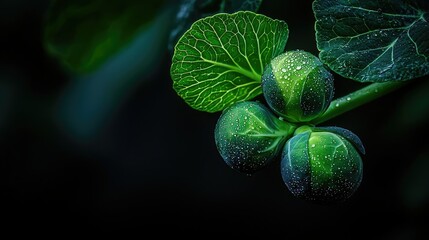 Poster - Fresh green brussels sprouts with water droplets on their leaves