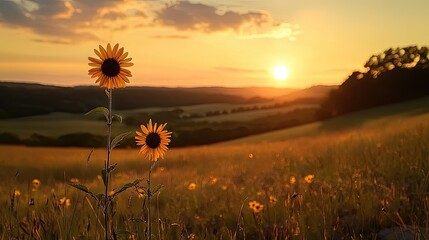Poster - Sunflowers blooming in a field during a beautiful sunset evening