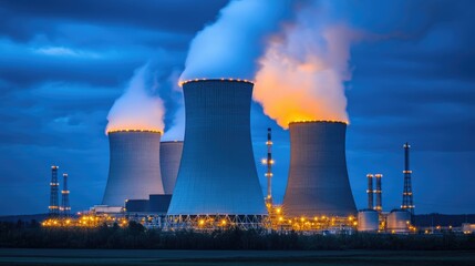 Poster - Vapor rising from cooling towers in large-scale refinery, symbolizing petrochemical production