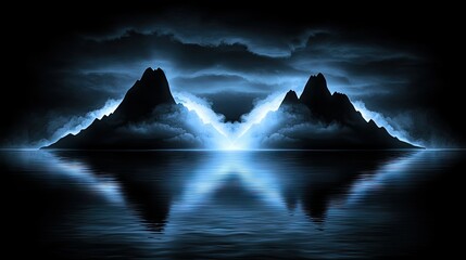 Poster - Dark mountains reflected in calm water under a cloudy night sky