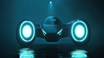 Poster - Futuristic vehicle with glowing wheels sitting on a reflective surface