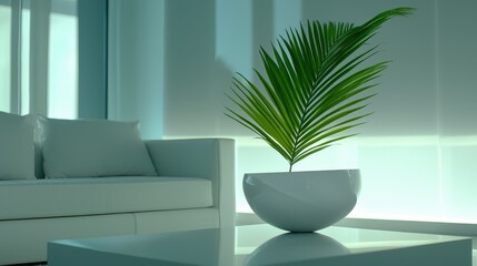 Poster - A bright interior features a palm frond in a white ceramic pot