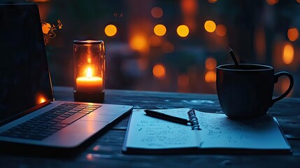 Poster - A laptop candle notebook and coffee in ambient evening light