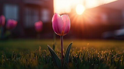 Aufkleber - A single pink tulip with sunlight shining brightly through its petals