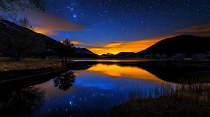 Aufkleber - A serene lake reflecting the night sky filled with twinkling stars