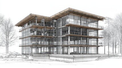 Poster - Modern architectural design with intricate lines creating a beautiful house with a natural and bright environment in a hand-drawn sketch style