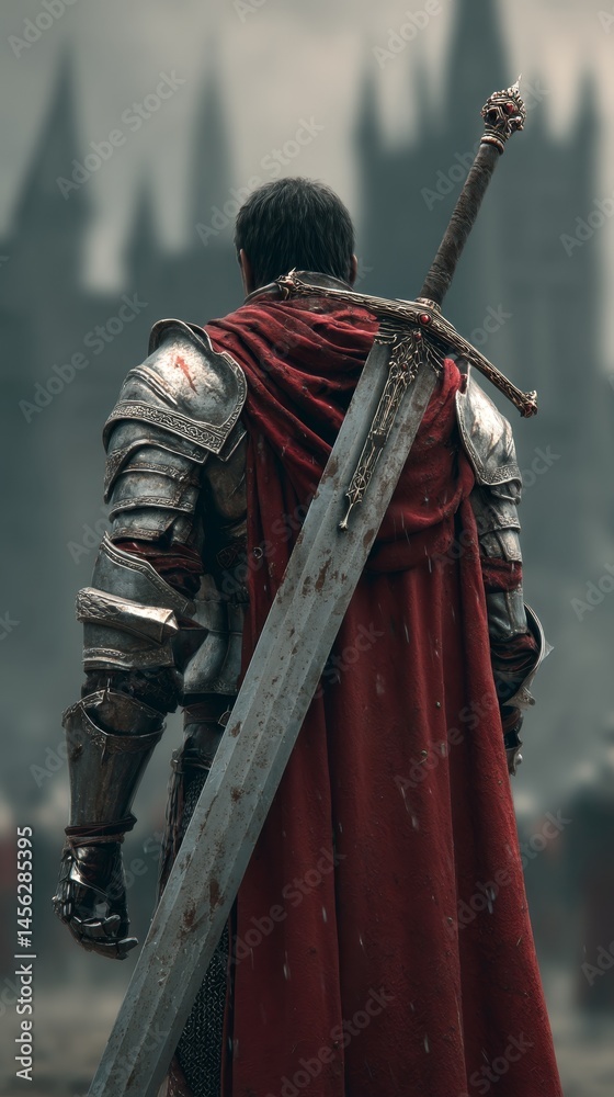 Knight in armor with a sword and red cloak facing a medieval castle ...