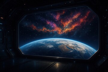 Wall Mural - Vivid cosmic panorama viewed from a futuristic spacecraft window highlights the beauty of our planet and the vast universe beyond Generative AI