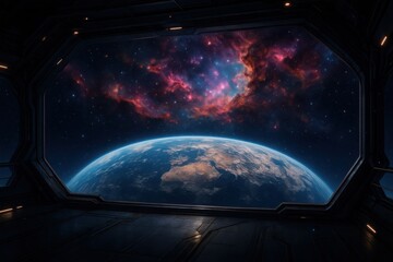 Wall Mural - Majestic view of Earth from a futuristic spacecraft window under a vibrant cosmic sky filled with colorful nebulae Generative AI