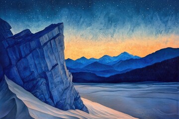 Wall Mural - Serene twilight landscape featuring a towering rock formation, snow-covered dunes, and a majestic mountain range under a starry sky.