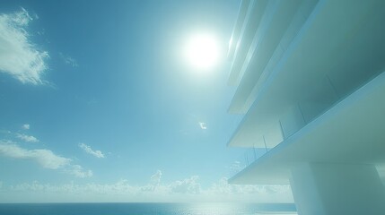 Poster - Futuristic architectural marvel against a radiant sky a modern building design blending seamlessly with cloudscape horizon and azure ocean