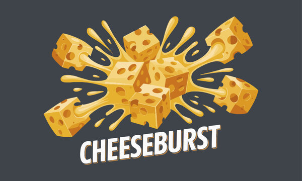 Modern vector illustration of Swiss cheese cubes exploding with melted cheese splashes, easily scalable and editable.