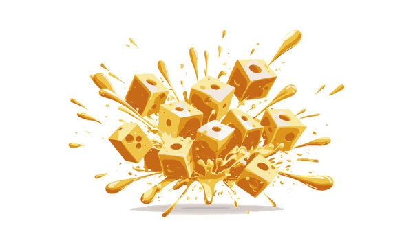 Modern vector illustration of Swiss cheese cubes exploding with melted cheese splashes, easily scalable and editable.