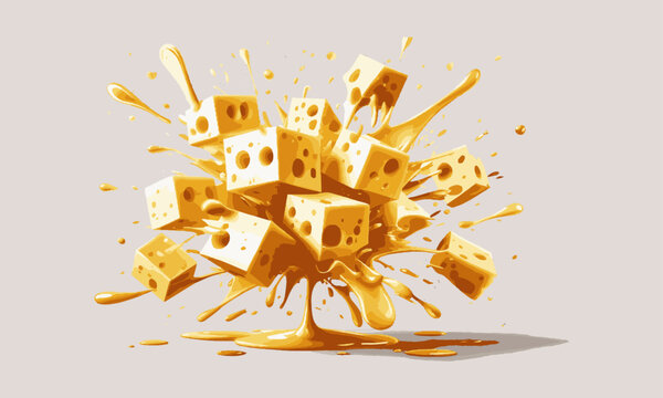 Modern vector illustration of Swiss cheese cubes exploding with melted cheese splashes, easily scalable and editable.