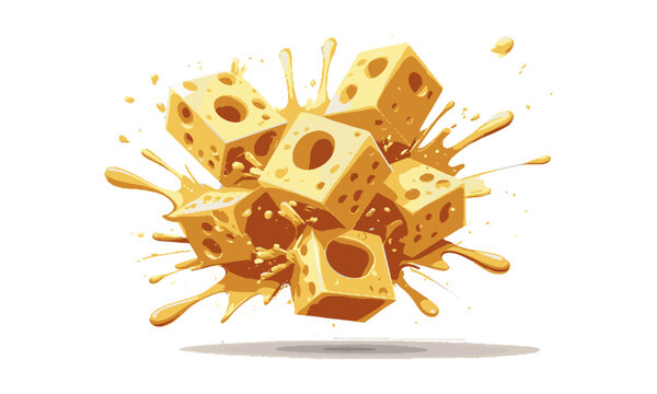 Modern vector illustration of Swiss cheese cubes exploding with melted cheese splashes, easily scalable and editable.