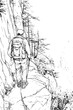 © designknowledge - Mountaineer Traversing Narrow Ridge Path, coloring book style, vector graphic